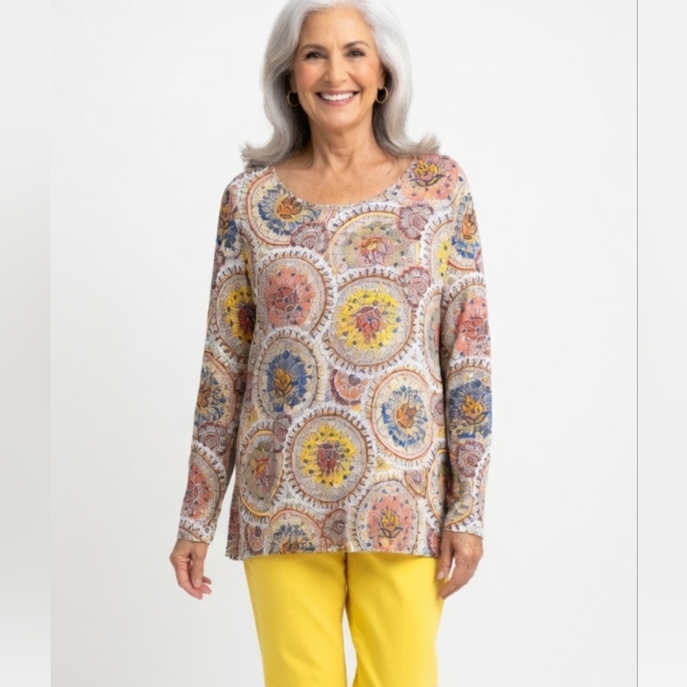 TALBOTS PLUS LONG-SLEEVE T FEATURING A VIBRANT MEDALLION PAISLEY PRINT. SIZE 3X.